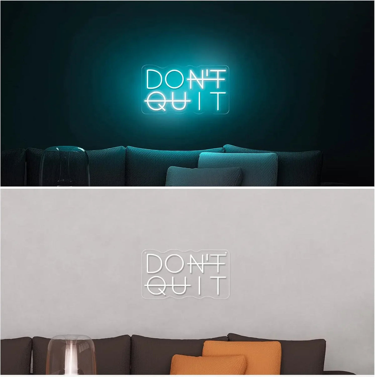 A glowing neon sign on a dark wall reads DON'T QUIT, displayed above a sofa.