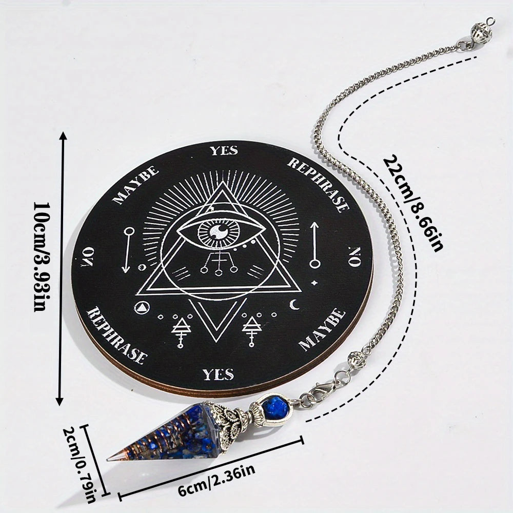 A black wooden pendulum board with a crystal pendulum and accompanying chain.