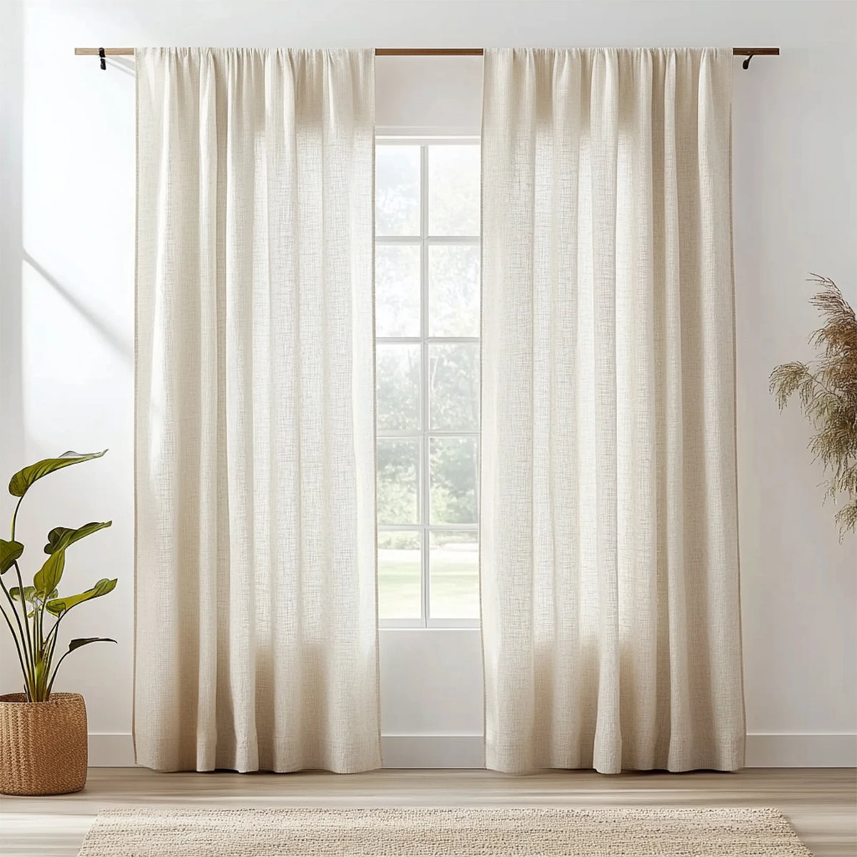 Light beige natural linen sheer curtains hanging in a window with a wooden rod and floor