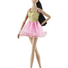 A female doll wearing a gold bodice and pink tulle skirt, standing against a white background.