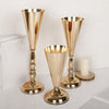 Two elegant golden silver wedding flower vases with tapered forms and decorative bases.