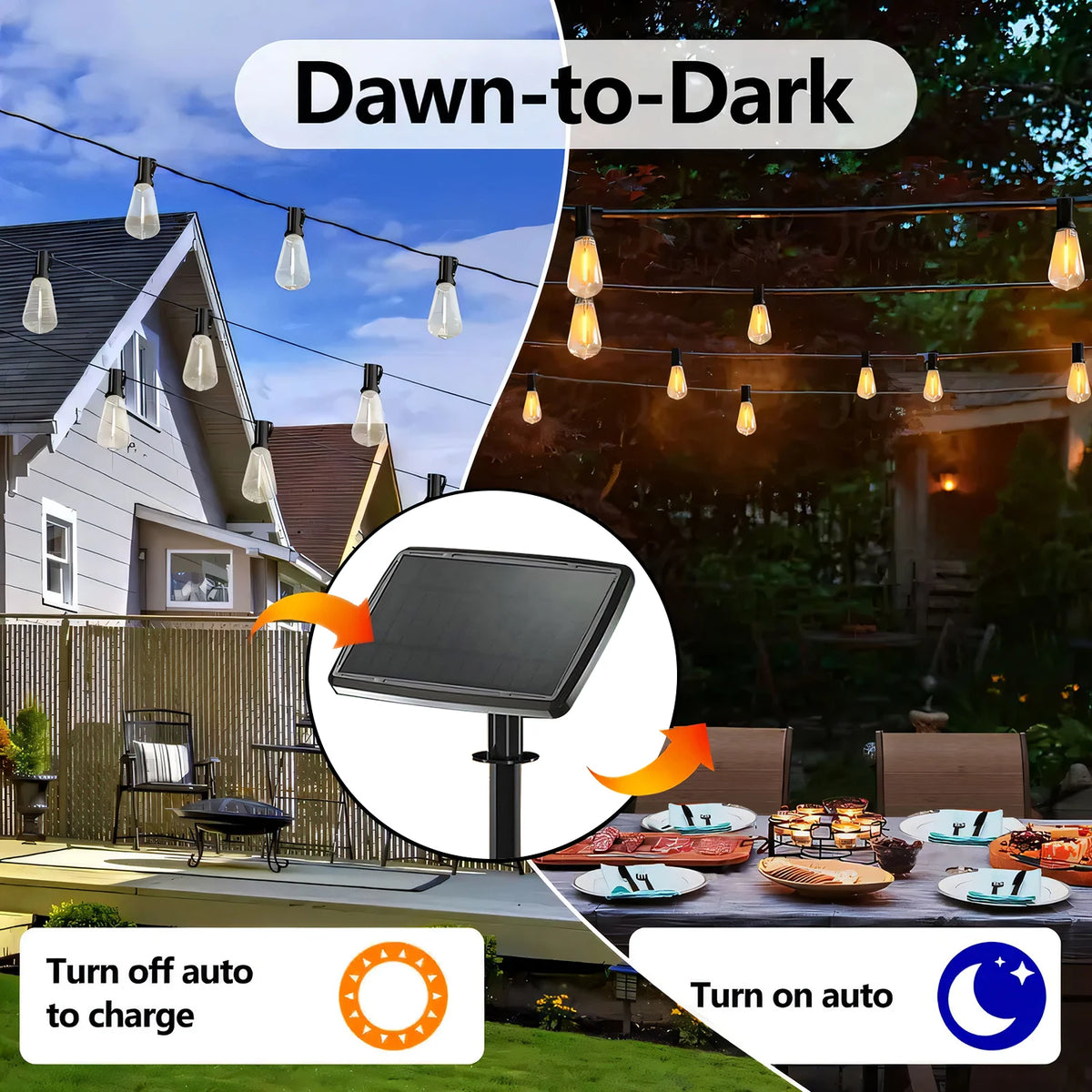Solar powered outdoor string lights with turn off auto to charge and turn on auto features