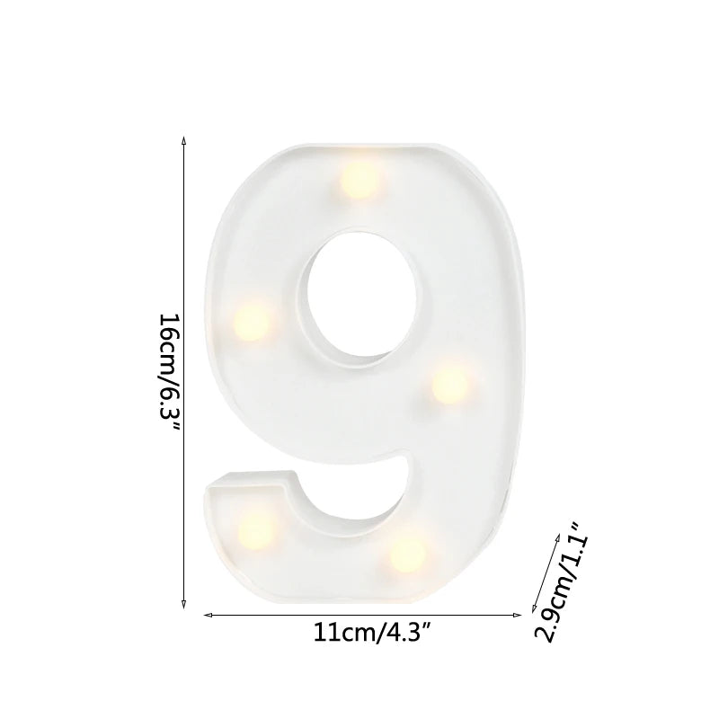 A white alphabet letter light shaped like the number 9 with warm white LED lights.