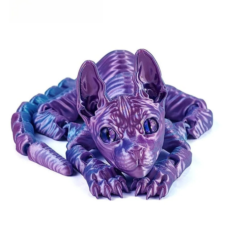 A purple articulated Sphynx cat figurine with large ears and detailed texture.