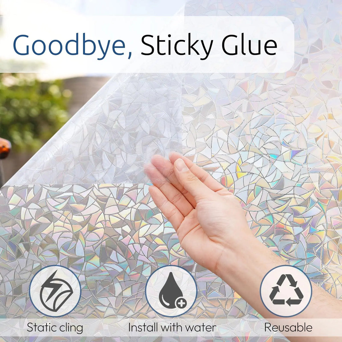 Hand applying a holographic privacy window film to a surface, demonstrating static cling and reusability.
