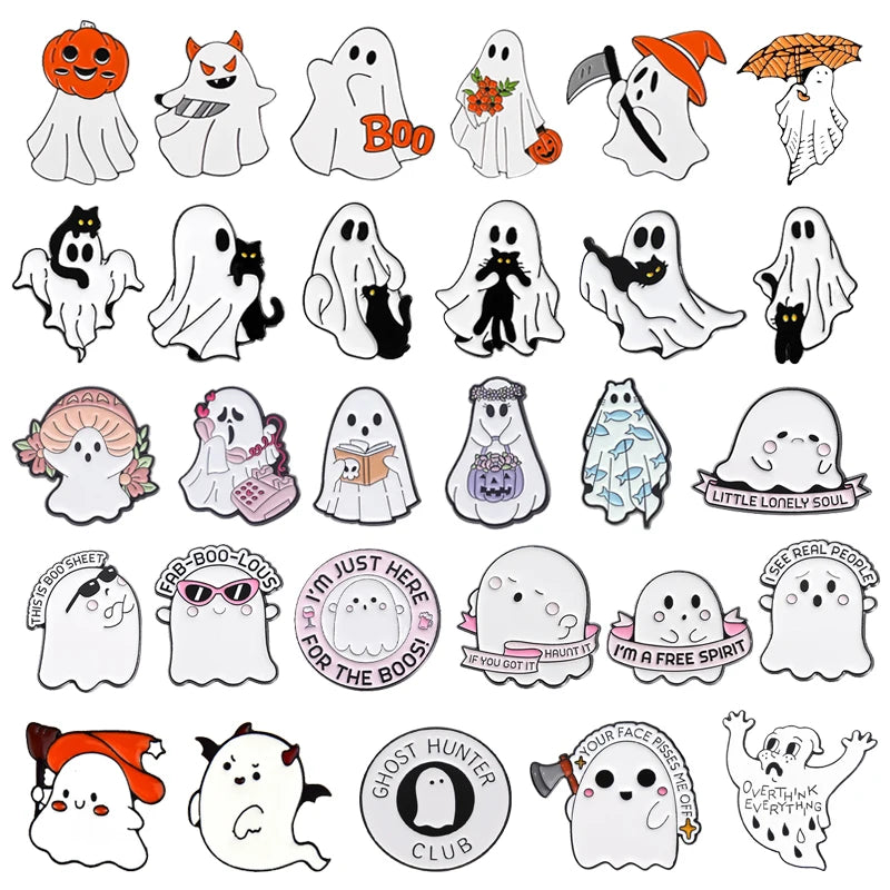 Halloween Enamel Pins Set - Cute Ghost, Black Cat, and Pumpkin Brooches for Kids