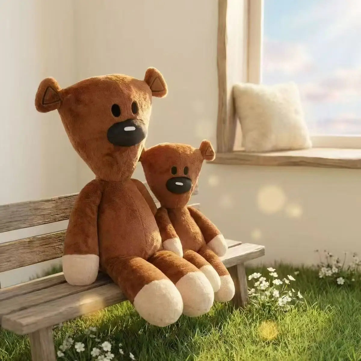 Two brown teddy bears sitting on a wooden bench next to a window