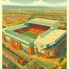 A vintage-style illustration of Anfield stadium and Liverpool, featuring a large football ground and surrounding landscape.