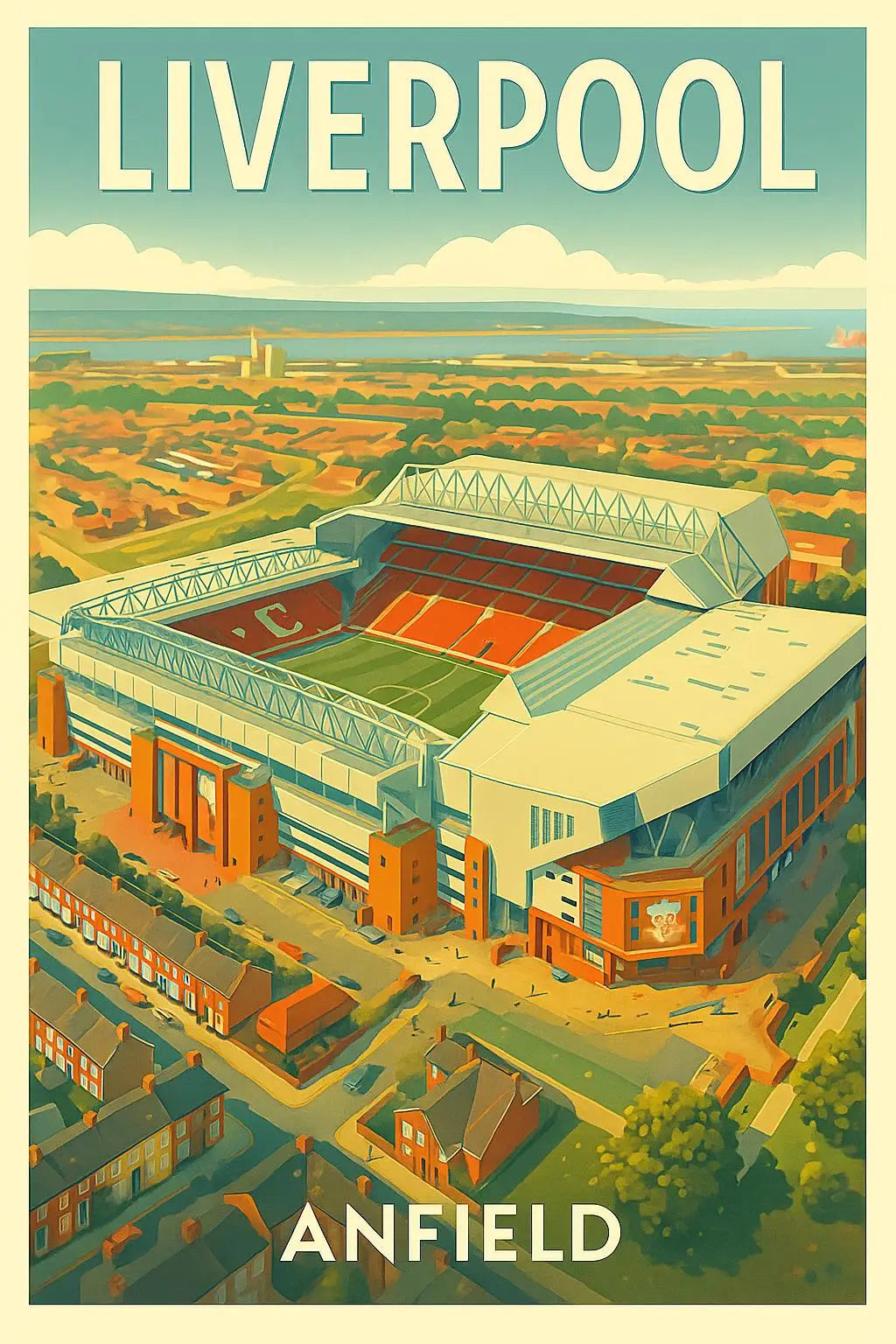 A vintage-style illustration of Anfield stadium and Liverpool, featuring a large football ground and surrounding landscape.
