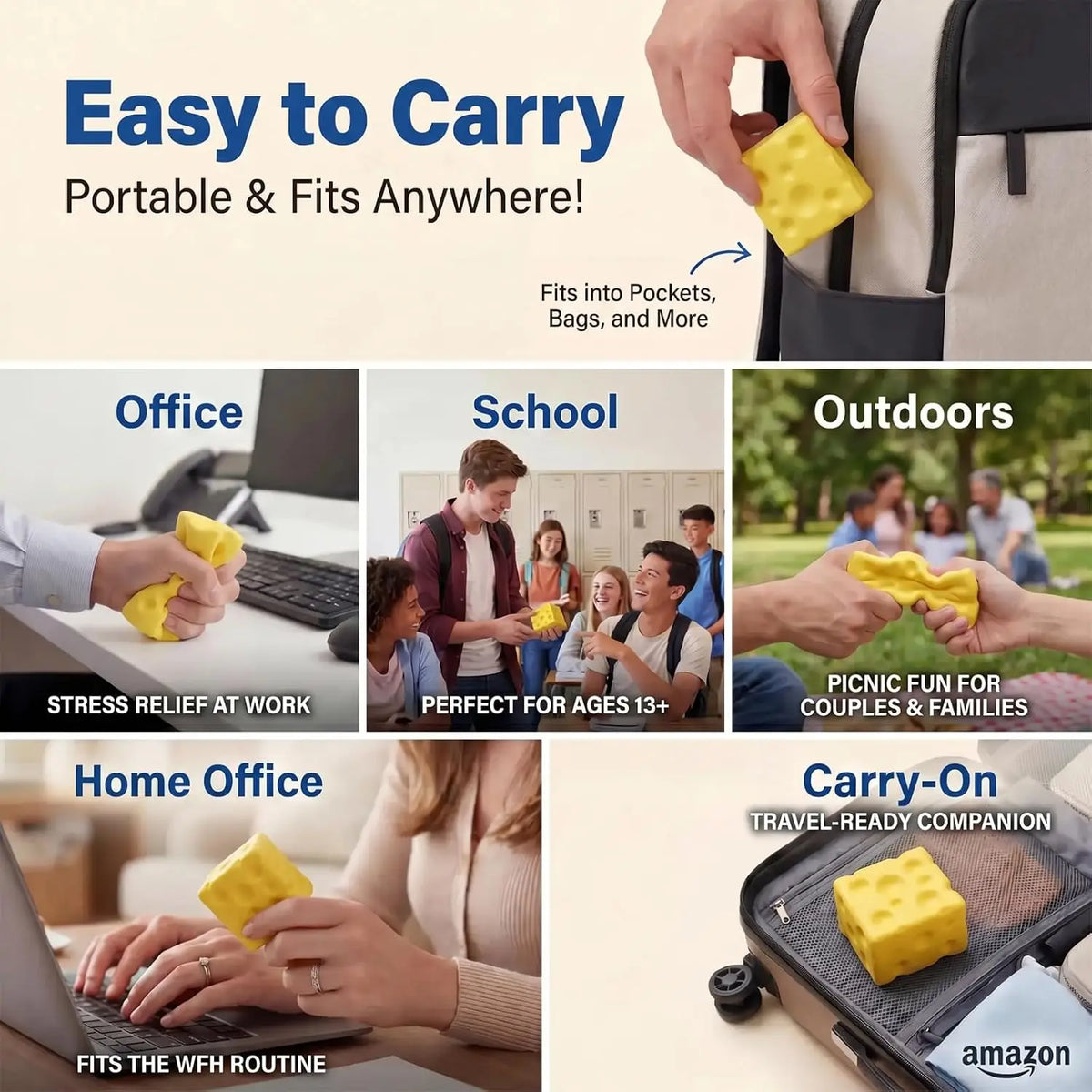 Yellow slow-rising cheese squishy toy being carried in various contexts like office, school bag, and travel bag.