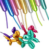 A collection of glossy latex modeling balloons in various shades including purple, pink, gold, and teal.