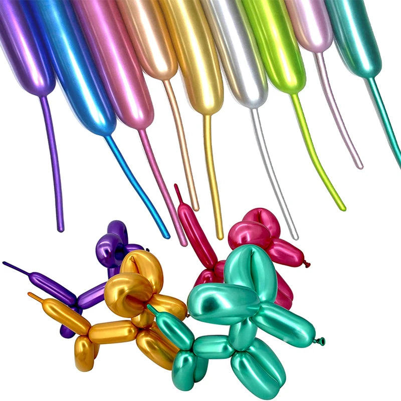 A collection of glossy latex modeling balloons in various shades including purple, pink, gold, and teal.