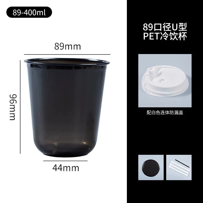 Schwarze 89-400ml PET-Einwegbecher mit weißem Deckel und Strohhalm in verschiedenen Ansichten.