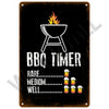 A black metal sign featuring a grilling icon and BBQ temperature ratings: Rare, Medium, and Well.
