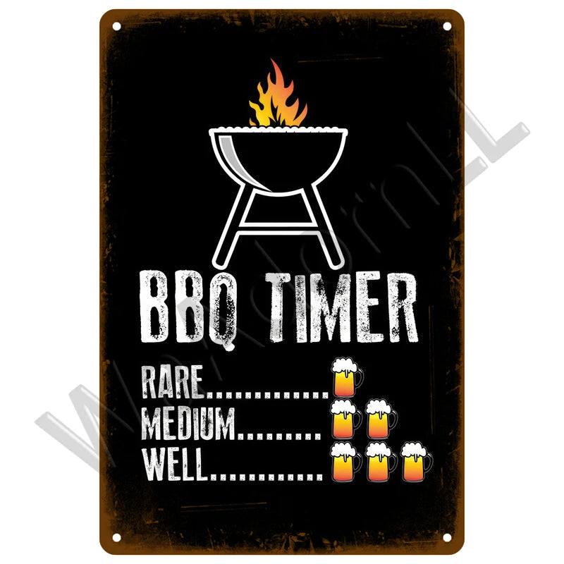 A black metal sign featuring a grilling icon and BBQ temperature ratings: Rare, Medium, and Well.