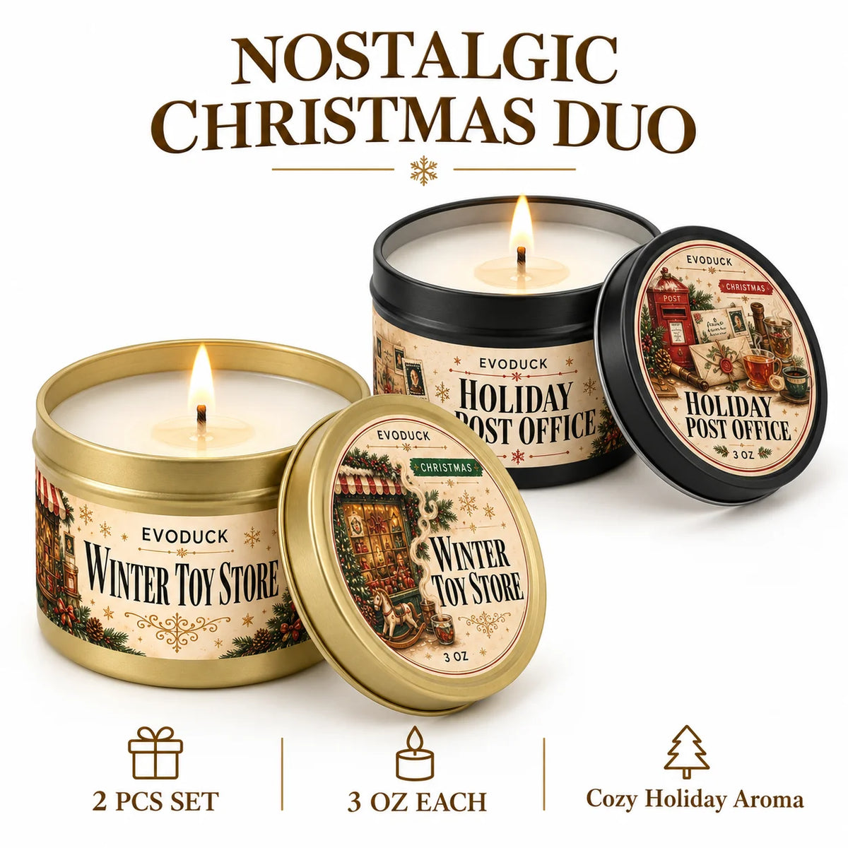 A nostalgic Christmas duo featuring two Evoduck candles, Winter Toy Store and Holiday Post Office scents.