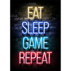 Arte de pared para juegos neón con texto brillante que dice 'Eat Sleep Game Repeat' en varios colores