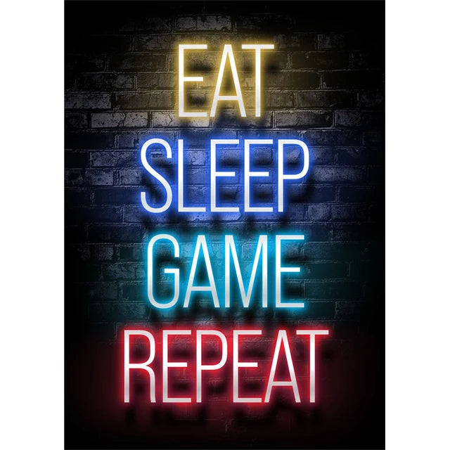 Arte de pared para juegos neón con texto brillante que dice 'Eat Sleep Game Repeat' en varios colores