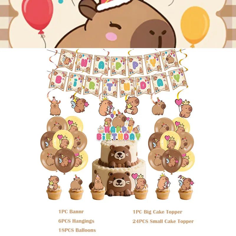 A set of birthday decorations including banners, hangings, cake toppers, and balloons featuring capybara themes.