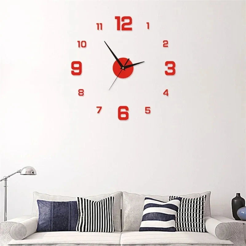 A round red digital wall clock with black hands and numbers mounted on a white wall above a sofa.