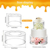 Display of a clear acrylic cake stand with floral decorations and a round glass display box.
