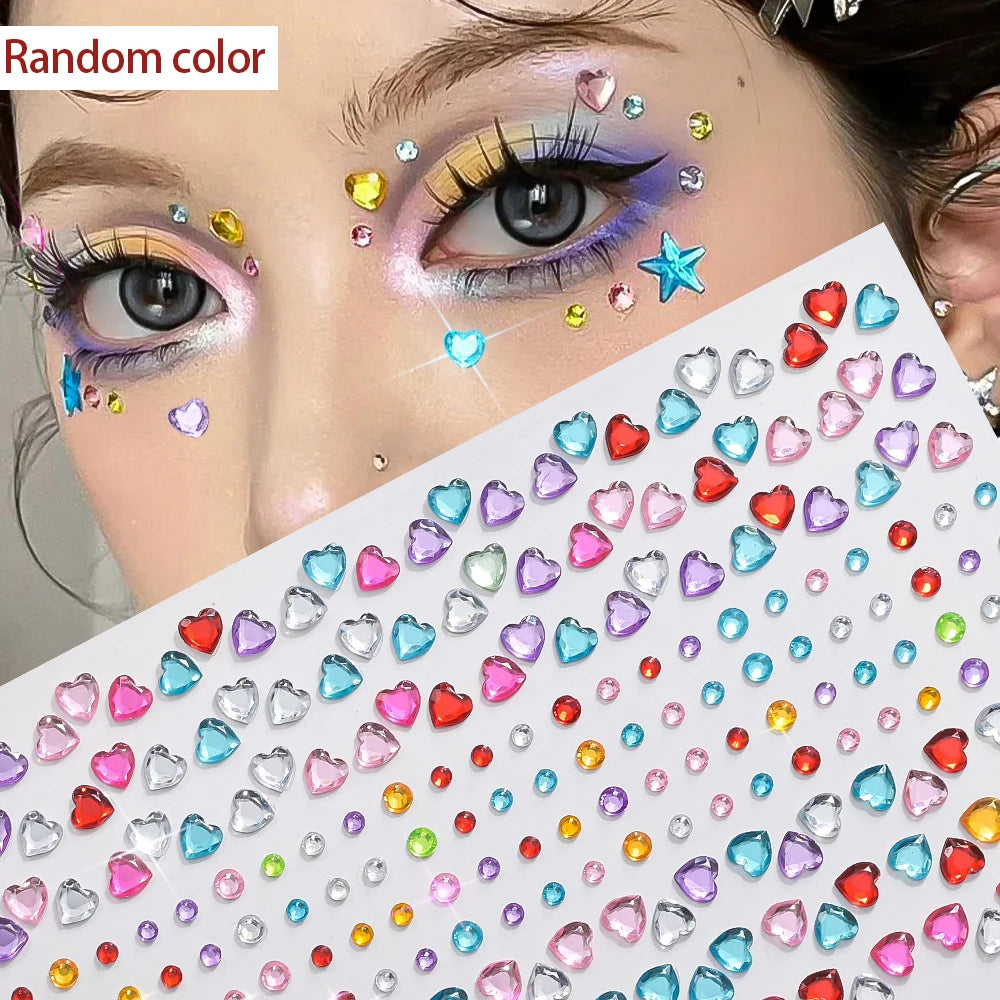 Close-up of a woman's eye decorated with colorful glitter gem stick-on facial tattoos