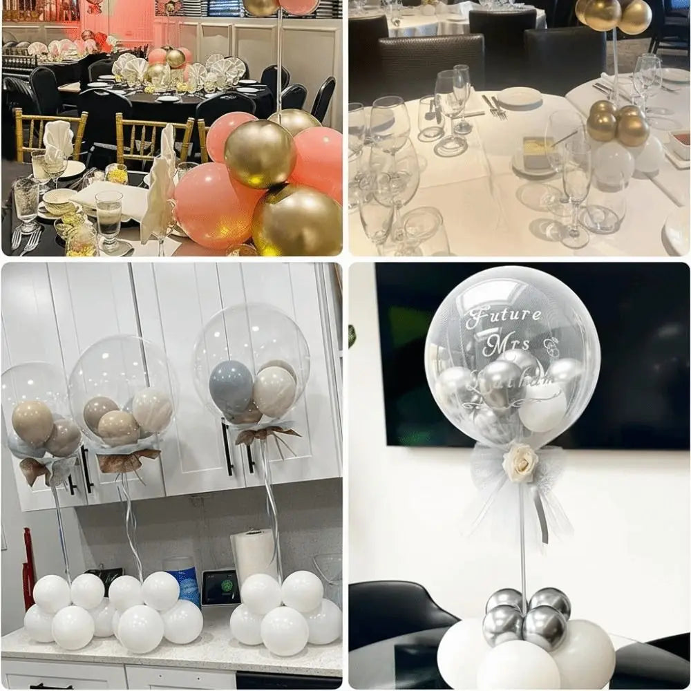 Clear acrylic balloon stand with silver and white balloons for parties and events