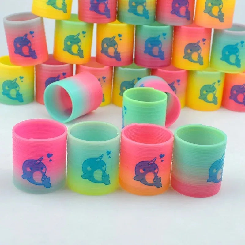 A collection of colorful silicone spring toys shaped like an octopus, packaged as party favors.