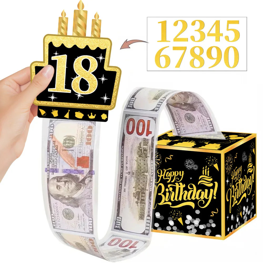 A gold birthday cake topper featuring the number 18 and a ribbon wrapped with US dollar bills.