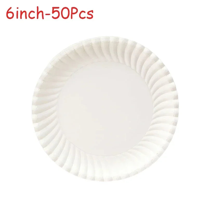A white paper plate with a ruffled edge, packaged as 50 pieces.