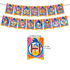 A banner featuring colorful circus themed letters spelling out the word 'BIRTH' for a birthday party decor set.