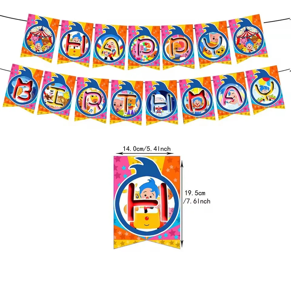 A banner featuring colorful circus themed letters spelling out the word 'BIRTH' for a birthday party decor set.