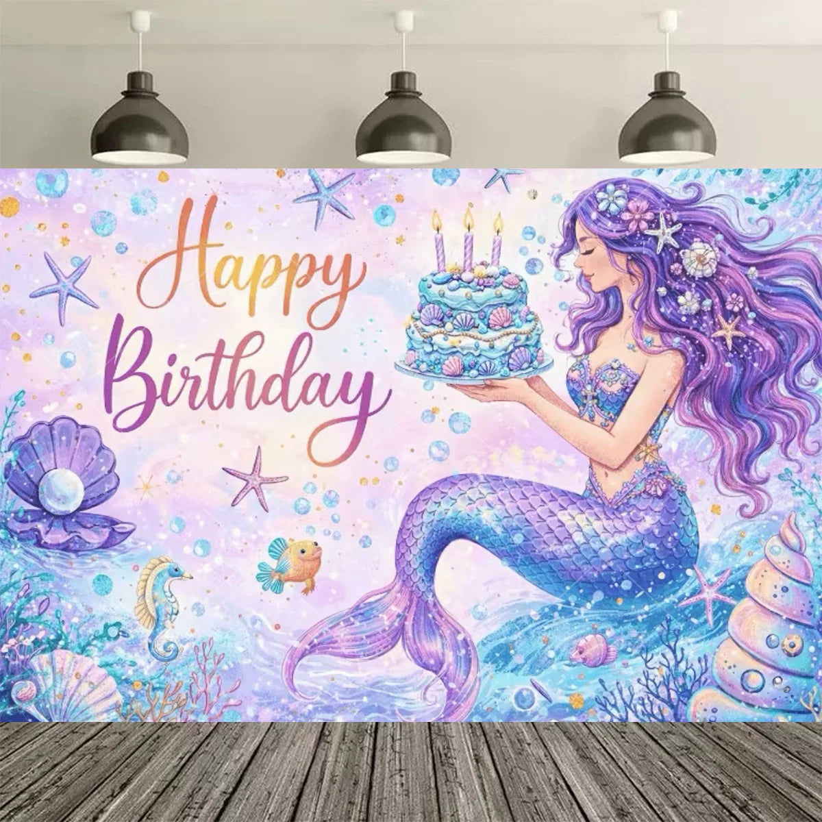 A vibrant purple mermaid with iridescent scales and purple hair sits on a sparkling blue background for a birthday backdrop.