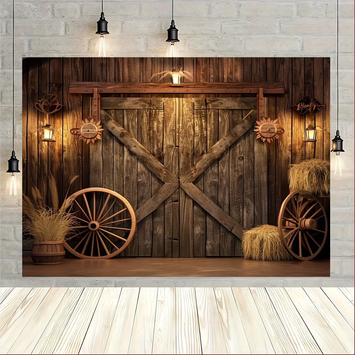 A rustic wooden backdrop featuring a weathered barn door, crossed wooden beams, and hay accents for Western decor.