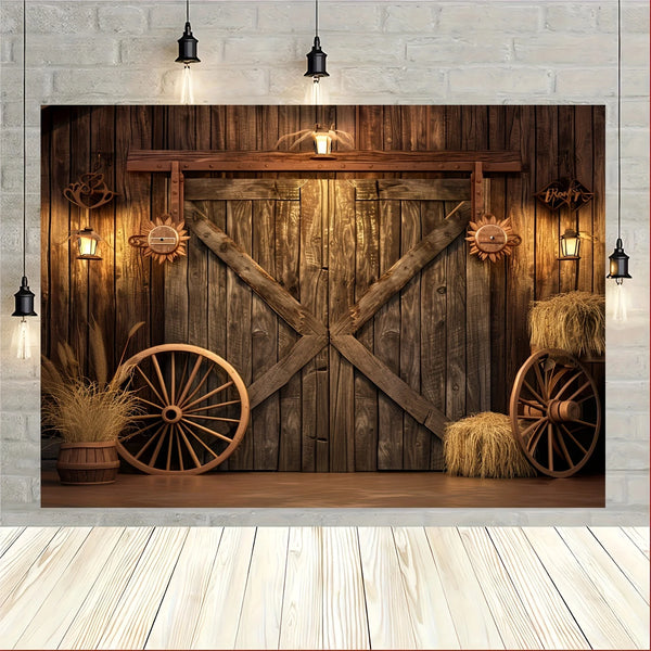 A rustic wooden backdrop featuring a weathered barn door, crossed wooden beams, and hay accents for Western decor.