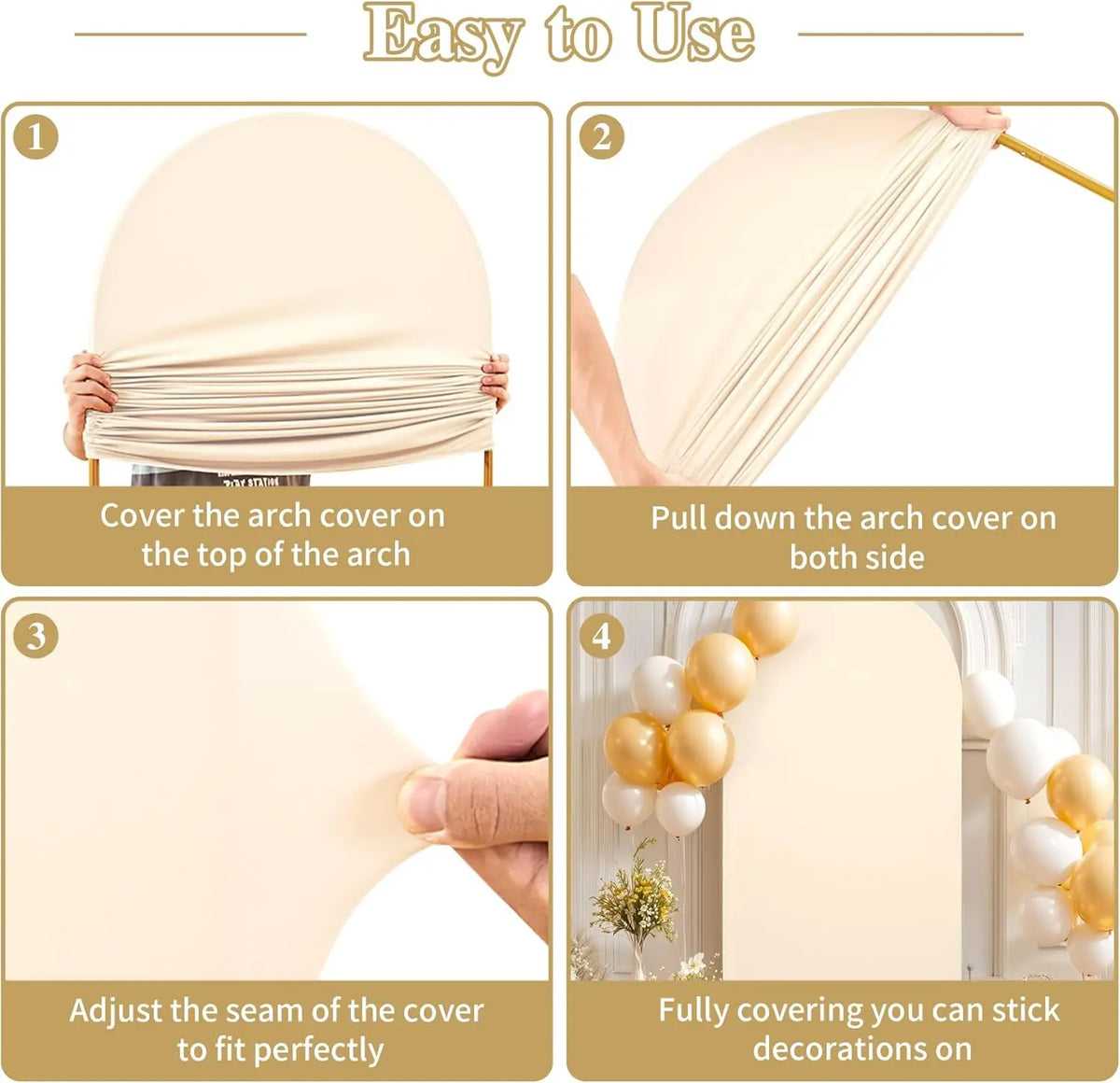 Instructions showing how to use a spandex fitted arch backdrop cover for wedding and party decor.