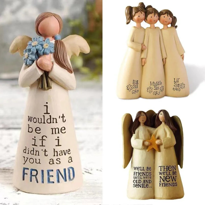 A ceramic angel statue with a quote on its body, depicting two figures holding hands.
