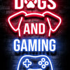Neon sign featuring the text DOGS AND GAMING and a glowing blue gamepad silhouette on a dark brick wall.