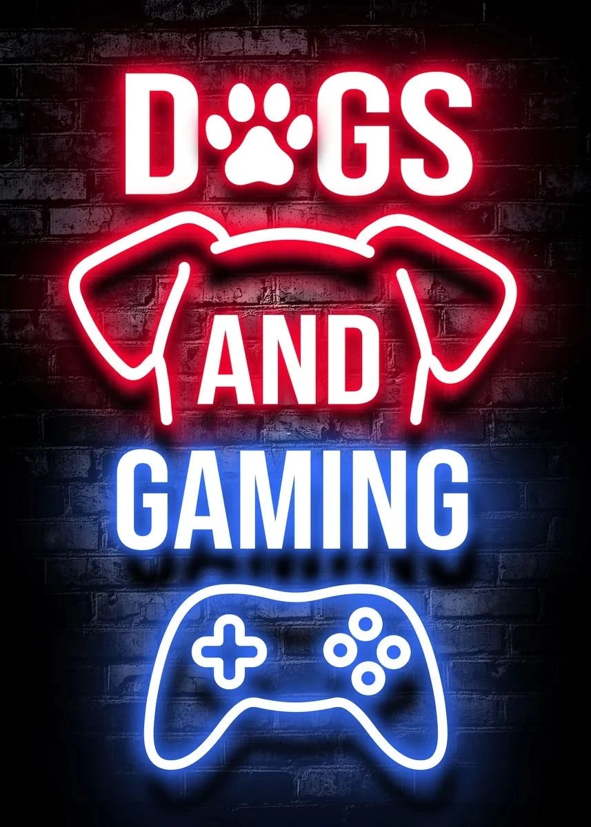 Neon sign featuring the text DOGS AND GAMING and a glowing blue gamepad silhouette on a dark brick wall.