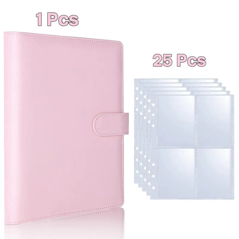 Pink PU leather photocard binder with 1 piece and a set of 25 clear plastic sleeves