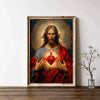 Oil painting of the Sacred Heart of Jesus with a radiant heart, set in a wooden frame.