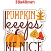 A die-cut sticker featuring text that reads Pumpkin keeps me nice on a background with autumn leaves.