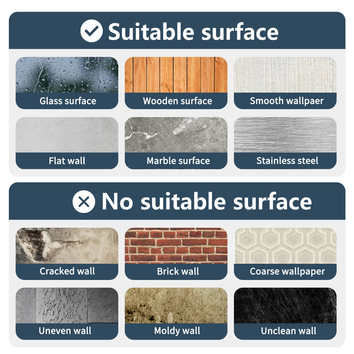A comparison chart showing suitable and unsuitable surfaces for vinyl wall decals.