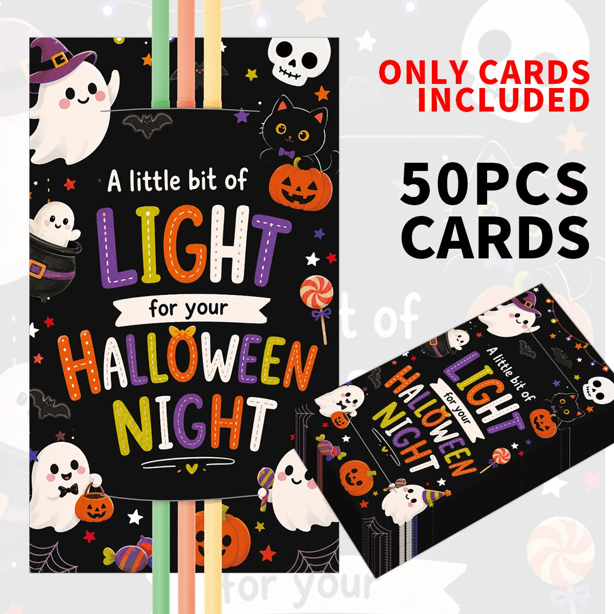 A pack of 50 Halloween night cards featuring spooky and cute designs for a Halloween celebration.
