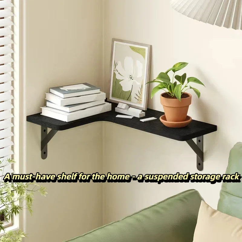 A wooden floating shelf mounted on the wall used for storing books and decorative items.
