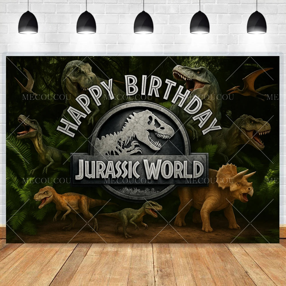 A dark jungle scene featuring various dinosaurs surrounding a 'Jurassic World' birthday banner.