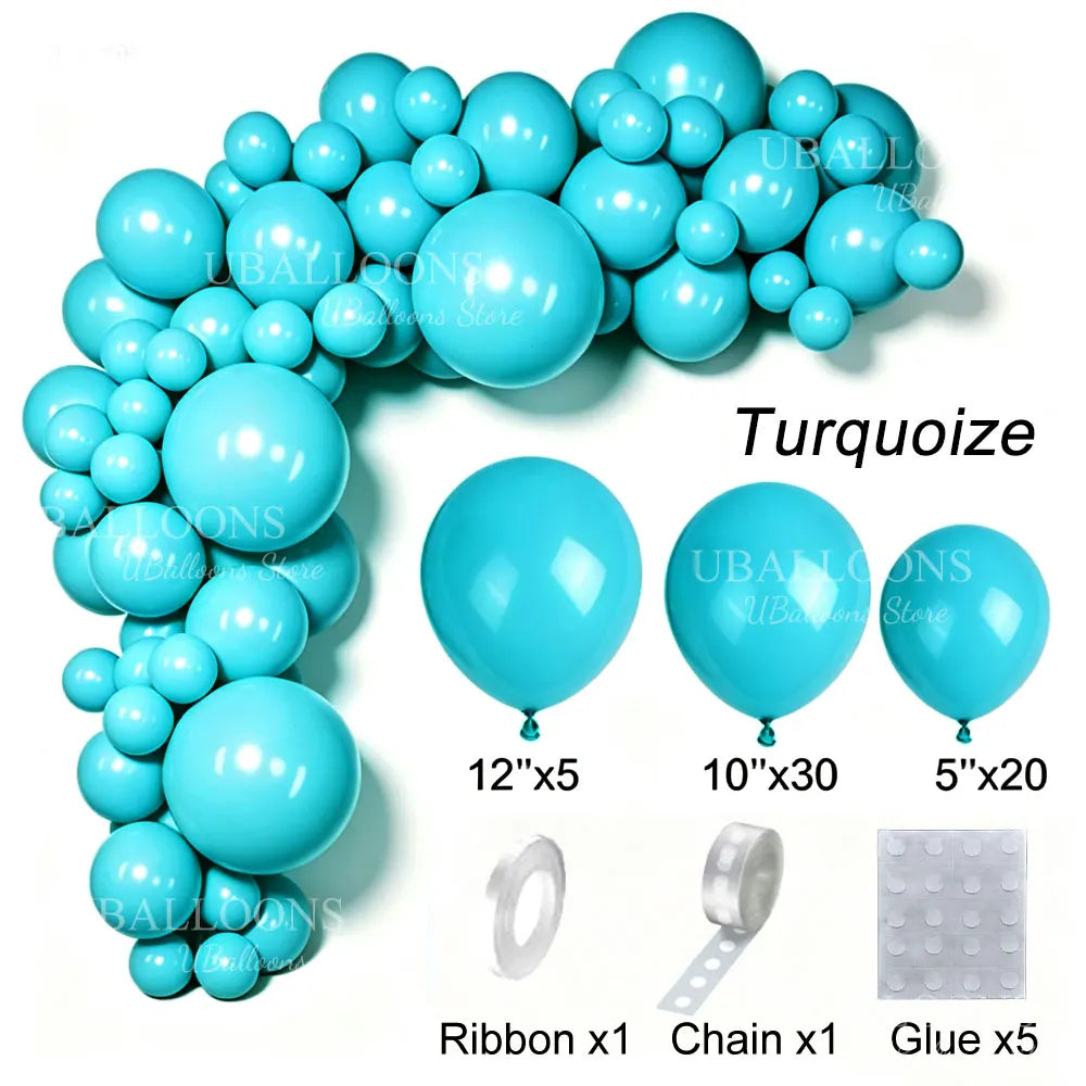 A collection of turquoise latex balloons and accessories including ribbon, chain, and glue for party decor.