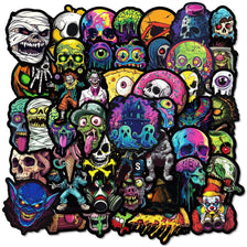 A collection of dark, gruesome skulls and monstrous faces in various colors and styles for a decal sticker pack