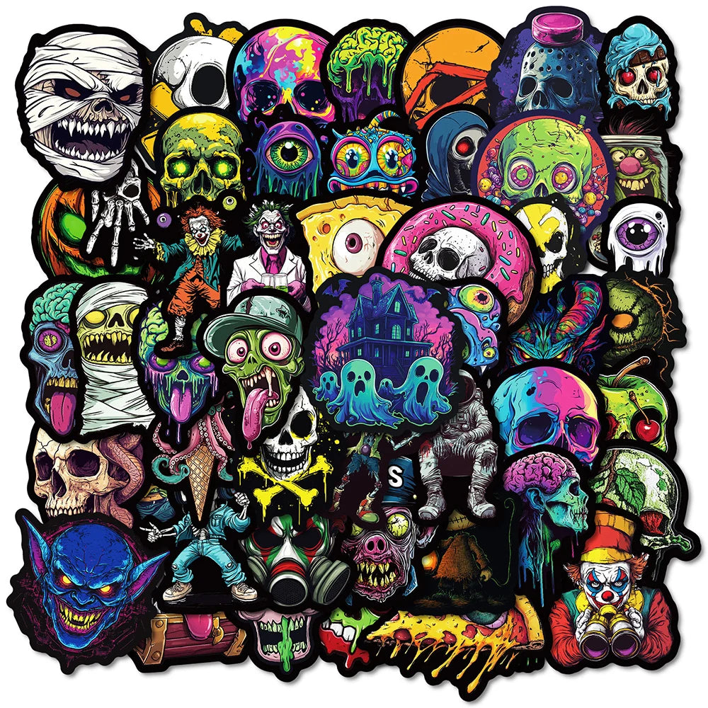 A collection of dark, gruesome skulls and monstrous faces in various colors and styles for a decal sticker pack