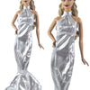 Silver satin mermaid gown for a doll featuring a high neck and ruffled skirt.